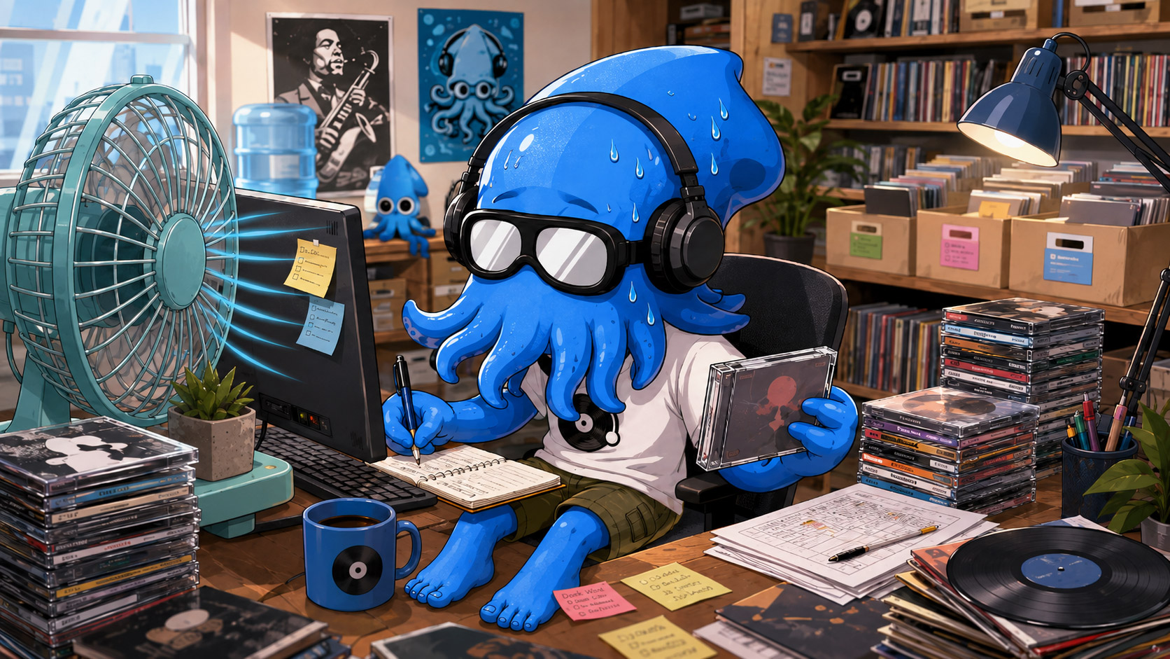 SquidBoy sweating in the Squidco office while cataloging albums